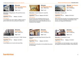 Si desea más información llámenos al 901 888 050                                                                  Revista Inmobiliaria Levante. Diciembre 2012


                          Alicante.                                              Alicante.                                              Alicante. San Vicente
                          Pilar de la Horadada.                                  San Miguel de Salinas.                                 del Raspeig.		
                          (Ref.: 094/0703).                                      (Ref.: 094/0703).                                      (Ref.: 013/0526).

                          Tipo: Local.                                           Tipo: Local.                                           Tipo: Nave.

Dirección: Cl Magallanes, 39 Local Torre de la         Dirección: Cl Santa Teresa 21, Local 66.             Dirección: Cl Azorín, 25.
Horadada.
                                                       Características.                                     Características.
Características.                                       Superficie: 1.120 m2 	 Precio: 400.000 €             Superficie: 435 m2 	   Precio: 195.000 €
Superficie: 126 m2 	   Precio: 110.000 €
                                                       Descripción.                                         Descripción.
Descripción.                                           El local tiene una superficie de 812 m2 en           Nave industrial situada en la localidad alicantina
Local diáfano en casco urbano, edificio nuevo a        planta semisótano, en planta baja 308 m2,            de San Vicente de Raspeig. Distribuida en dos
pocos metros del mar y del puerto deportivo.           que pertenece al conjunto Residencial sito en        alturas con despachos habilitados.
                                                       termino de San Miguel.




                          Alicante.                                              Alicante.                                              Alicante.
                          Santa Pola.		                                          Torrevieja.                                            Torrevieja.
                          (Ref.: 018/1537).                                      (Ref.: 014/0013).                                      (Ref.: 014/0016).

                          Tipo: Local.                                           Tipo: Local.                                           Tipo: Local.

Dirección: Cl Victoria, 54 Local nº 1 Edif. Florian.   Dirección: Avenida Diego Ramirez Pastor 66,          Dirección: Cl Finlandia 9, Local.
                                                       Local 1.
Características.                                                                                            Características.
Superficie: 167 m2 	    Precio: 140.000 €              Características.                                     Superficie: 329 m2 	   Precio: 170.000 €
                                                       Superficie: 179 m2 	    Precio: 150.000 €
Descripción.                                                                                                Descripción.
Local diáfano en el centro de Santa Pola.              Descripción.                                         Local diáfano con dos fachadas, una a cada lado
                                                       Excelente local situado en la localidad alicantina   del zaguán de entrada al edificio. Zona céntrica.
                                                       de Torrevieja.




                                                                              Volver al índice
                                                                                                                                                            18
 