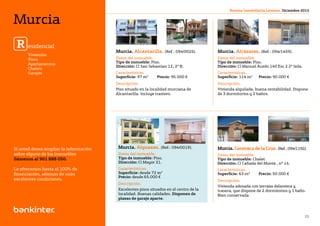 Si desea más información llámenos al 901 888 050                                                         Revista Inmobiliaria Levante. Diciembre 2012


Murcia
 R esidencial                                      Murcia. Alcantarilla. (Ref.: 094/0025).         Murcia. Alcázares. (Ref.: 094/1459).
        Viviendas
        Pisos                                      Datos del inmueble.                             Datos del inmueble.
        Apartamentos                               Tipo de inmueble: Piso.                         Tipo de inmueble: Piso.
                                                   Dirección: Cl San Sebastian 12, 2º B.           Dirección: Cl Manuel Acedo 140 Esc 2 2º Izda.
        Chalets
        Garajes                                    Características.                                Características.
                                                   Superficie: 97 m2	    Precio: 95.000 €          Superficie: 114 m2	   Precio: 90.000 €
                                                   Descripción.                                    Descripción.
                                                   Piso situado en la localidad murciana de        Vivienda alquilada, buena rentabilidad. Dispone
                                                   Alcantarilla. Incluye trastero.                 de 3 dormitorios y 2 baños.
murcia residencial




Si usted desea ampliar la información               Murcia. Alguazas. (Ref.: 094/0019).            Murcia. Caravaca de la Cruz. (Ref.: 094/1192).
sobre alguno de los inmuebles                       Datos del inmueble.                            Datos del inmueble.
llámenos al 901 888 050.                            Tipo de inmueble: Piso.                        Tipo de inmueble: Chalet.
                                                    Dirección: Cl Mayor 21.                        Dirección: Cl Cañada del Monte , nº 14.
Le ofrecemos hasta el 100% de                       Características.                               Características.
financiación, además de unas                        Superficie: desde 72 m2                        Superficie: 63 m2	    Precio: 50.000 €
                                                    Precio: desde 65.000 €
excelentes condiciones.                                                                            Descripción.
                                                    Descripción.
                                                                                                   Vivienda adosada con terraza delantera y
                                                    Excelentes pisos situados en el centro de la   trasera, que dispone de 2 dormitorios y 1 baño.
                                                    localidad. Buenas calidades. Disponen de       Bien conservada.
                                                    plazas de garaje aparte.



                                                                        Volver al índice
                                                                                                                                                   25
 