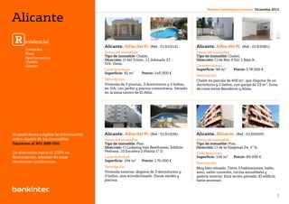 Si desea más información llámenos al 901 888 050                                                             Revista Inmobiliaria Levante. Diciembre 2012


Alicante
 R esidencial                                      Alicante. Alfas del Pi. (Ref.: 013/2212).           Alicante. Alfas del Pi. (Ref.: 013/2081).
        Viviendas
        Pisos                                      Datos del inmueble.                                 Datos del inmueble.
        Apartamentos                               Tipo de inmueble: Chalet.                           Tipo de inmueble: Chalet.
                                                   Dirección: Cl del Tritón, 11 Adosado 21             Dirección: Cl de Ren 5 Esc 1 Bajo A.
        Chalets
                                                   Urb. Oasis.
        Garajes                                                                                        Características.
                                                   Características.                                    Superficie: 98 m2	     Precio: 178.000 €
                                                   Superficie: 92 m2	     Precio: 145.000 €
                                                                                                       Descripción.
                                                   Descripción.                                        Chalet en parcela de 400 m2, que dispone de un
                                                   Vivienda de 3 plantas, 3 dormitorios y 3 baños,     dormitorio y 2 baños, con garaje de 23 m2. Zona
                                                   en Urb. con jardín y piscina comunitaria. Situado   de costa entre Benidorm y Altea.
Alicante residencial                               en la zona centro de El Albir.




Si usted desea ampliar la información              Alicante. Alfas del Pi. (Ref.: 013/1036).           Alicante. Alicante. (Ref.: 013/0009).
sobre alguno de los inmuebles                      Datos del inmueble.                                 Datos del inmueble.
llámenos al 901 888 050.                           Tipo de inmueble: Piso.                             Tipo de inmueble: Piso.
                                                   Dirección: Cl Ludwing Van Beethoven, Edificio       Dirección: Cl de la Diagonal 24, 1º A.
Le ofrecemos hasta el 100% de                      Pedraza, 10 Escalera 2 Planta 1º D.
                                                                                                       Características.
financiación, además de unas                       Características.                                    Superficie: 106 m2	    Precio: 89.000 €
excelentes condiciones.                            Superficie: 104 m2	    Precio: 170.000 €
                                                                                                       Descripción.
                                                   Descripción.                                        Muy bien situado. Tiene 3 habitaciones, baño,
                                                   Vivienda exterior, dispone de 3 dormitorios y       aseo, salón-comedor, cocina amueblada y
                                                   2 baños, aire acondicionado. Zonas verdes y         galería interior. Esta recién pintado. El edificio
                                                   piscina.                                            tiene ascensor.


                                                                         Volver al índice
                                                                                                                                                            3
 