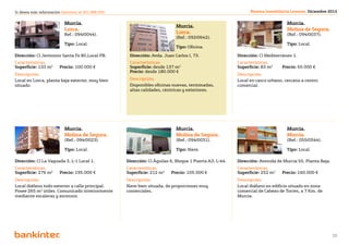 Si desea más información llámenos al 901 888 050                                                              Revista Inmobiliaria Levante. Diciembre 2012


                          Murcia.                                                                                                Murcia.
                                                                             Murcia.
                          Lorca.                                                                                                 Molina de Segura.
                          Ref.: 094/0044).                                   Lorca.                                              (Ref.: 094/0037).
                                                                             (Ref.: 092/0642).
                          Tipo: Local.                                                                                           Tipo: Local.
                                                                             Tipo: Oficina.

Dirección: Cl Jerónimo Santa Fe 80,Local PB.        Dirección: Avda. Juan Carlos I, 73.                 Dirección: Cl Mediterráneo 1.
Características.                                    Características.                                    Características.
Superficie: 133 m2	     Precio: 100.000 €           Superficie: desde 137 m2                            Superficie: 83 m2 	    Precio: 55.000 €
                                                    Precio: desde 180.000 €
Descripción.                                                                                            Descripción.
Local en Lorca, planta baja exterior, muy bien      Descripción.                                        Local en casco urbano, cercano a centro
situado.                                            Disponibles oficinas nuevas, terminadas,            comercial.
                                                    altas calidades, céntricas y exteriores.




                          Murcia.                                            Murcia.                                             Murcia.
                          Molina de Segura.                                  Molina de Segura.                                   Murcia.
                          (Ref.: 094/0023).                                  (Ref.: 094/0031).                                   (Ref.: 055/0544).

                          Tipo: Local.                                       Tipo: Nave.                                         Tipo: Local.

Dirección: Cl La Vaguada 3, L-1 Local 1.           Dirección: Cl Águilas 6, Bloque 1 Puerta A3, L-44.   Dirección: Avenida de Murcia 55, Planta Baja.
Características.                                   Características.                                     Características.
Superficie: 276 m2 	    Precio: 195.000 €          Superficie: 212 m2 	    Precio: 105.000 €            Superficie: 252 m2 	   Precio: 160.000 €
Descripción.                                       Descripción.                                         Descripción.
Local diáfano todo exterior a calle principal.     Nave bien situada, de proporciones muy               Local diáfano en edificio situado en zona
Posee 265 m2 útiles. Comunicado interiormente      comerciales.                                         comercial de Cabezo de Torres, a 7 Km. de
mediante escaleras y ascensor.                                                                          Murcia.




                                                                          Volver al índice
                                                                                                                                                        32
 