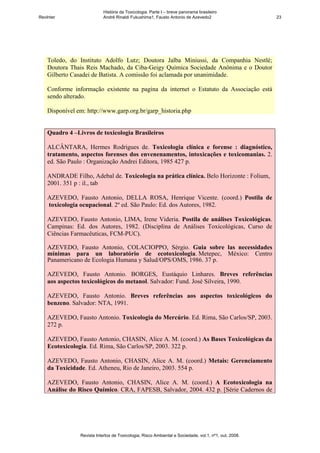 História da Toxicologia. Parte I – breve panorama brasileiro
RevInter                    André Rinaldi Fukushima1, Fausto Antonio de Azevedo2                       23




    Toledo, do Instituto Adolfo Lutz; Doutora Jalba Miniussi, da Companhia Nestlé;
    Doutora Thais Reis Machado, da Ciba-Geigy Química Sociedade Anônima e o Doutor
    Gilberto Casadei de Batista. A comissão foi aclamada por unanimidade.

    Conforme informação existente na pagina da internet o Estatuto da Associação está
    sendo alterado.

    Disponível em: http://www.garp.org.br/garp_historia.php


    Quadro 4 –Livros de toxicologia Brasileiros

    ALCÂNTARA, Hermes Rodrigues de. Toxicologia clínica e forense : diagnóstico,
    tratamento, aspectos forenses dos envenenamentos, intoxicações e toxicomanias. 2.
    ed. São Paulo : Organização Andrei Editora, 1985 427 p.

    ANDRADE Filho, Adebal de. Toxicologia na prática clínica. Belo Horizonte : Folium,
    2001. 351 p : il., tab

    AZEVEDO, Fausto Antonio, DELLA ROSA, Henrique Vicente. (coord.) Postila de
    toxicologia ocupacional. 2º ed. São Paulo: Ed. dos Autores, 1982.

    AZEVEDO, Fausto Antonio, LIMA, Irene Videria. Postila de análises Toxicológicas.
    Campinas: Ed. dos Autores, 1982. (Disciplina de Análises Toxicológicas, Curso de
    Ciências Farmacêuticas, FCM-PUC).

    AZEVEDO, Fausto Antonio, COLACIOPPO, Sérgio. Guia sobre las necessidades
    mínimas para un laboratório de ecotoxicologia. Metepec, México: Centro
    Panamericano de Ecologia Humana y Salud/OPS/OMS, 1986. 37 p.

    AZEVEDO, Fausto Antonio. BORGES, Eustáquio Linhares. Breves referências
    aos aspectos toxicológicos do metanol. Salvador: Fund. José Silveira, 1990.

    AZEVEDO, Fausto Antonio. Breves referências aos aspectos toxicológicos do
    benzeno. Salvador: NTA, 1991.

    AZEVEDO, Fausto Antonio. Toxicologia do Mercúrio. Ed. Rima, São Carlos/SP, 2003.
    272 p.

    AZEVEDO, Fausto Antonio, CHASIN, Alice A. M. (coord.) As Bases Toxicológicas da
    Ecotoxicologia. Ed. Rima, São Carlos/SP, 2003. 322 p.

    AZEVEDO, Fausto Antonio, CHASIN, Alice A. M. (coord.) Metais: Gerenciamento
    da Toxicidade. Ed. Atheneu, Rio de Janeiro, 2003. 554 p.

    AZEVEDO, Fausto Antonio, CHASIN, Alice A. M. (coord.) A Ecotoxicologia na
    Análise do Risco Químico. CRA, FAPESB, Salvador, 2004. 432 p. [Série Cadernos de




                Revista Intertox de Toxicologia, Risco Ambiental e Sociedade, vol.1, nº1, out, 2008.
 