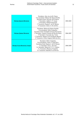 História da Toxicologia. Parte I – breve panorama brasileiro
RevInter                      André Rinaldi Fukushima1, Fausto Antonio de Azevedo2                                   32




                                                  Presidente: Alice Ap. da M. Chasin
                                               Vice presidente: Mônica M. Bastos Paolillo
                                                Secretário Geral: Silvia B. de M. Barros
       Décima Quarta Diretoria                     1º Secretário: Adélia C. P. Araujo                    2004-2005
                                                    2º Secretário: William Waissman
                                                1º Tesoureiro: Regina L. de M. Moreau
                                                  2º Tesoureiro: Carlos A. M. da Silva

                                                  Presidente: Mônica M. Bastos Paolillo
                                                    Vice presidente: Délio Campolina
                                            Secretário Geral: Elizabeth de Souza Nascimento
       Décima Quinta Diretoria              1º Secretário: Américo Ernesto de Oliveira Júnior            2006-2007
                                                   2º Secretário: Conceição Ap. Turini
                                             1º Tesoureiro: Regina Lucia de Moraes Moreau
                                              2º Tesoureiro: Carlos Augusto Mello da Silva

                                                       Presidente: Délio Campolina
                                                  Vice-Presidente: Carlos A. M.da Silva
                                                Secretária-Geral: Regina L. de M. Moreau
    Décima Sexta Diretoria (Atual)                   1o. Secretário: José L. da Costa                    2008-2009
                                                2o. Secretário: Maria de F. E. C. Cardoso
                                                   1o. Tesoureiro: Mauricio Yonamine
                                                 2o. Tesoureiro: Danielle P. de Oliveira




                  Revista Intertox de Toxicologia, Risco Ambiental e Sociedade, vol.1, nº1, out, 2008.
 