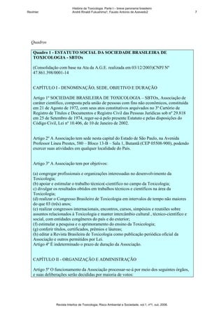 História da Toxicologia. Parte I – breve panorama brasileiro
RevInter                     André Rinaldi Fukushima1, Fausto Antonio de Azevedo2                       7




  Quadros

    Quadro 1 - ESTATUTO SOCIAL DA SOCIEDADE BRASILEIRA DE
    TOXICOLOGIA - SBTOx

    (Consolidação com base na Ata da A.G.E. realizada em 03/12/2003)CNPJ Nº
    47.861.398/0001-14


    CAPÍTULO I - DENOMINAÇÃO, SEDE, OBJETIVO E DURAÇÃO

    Artigo 1º SOCIEDADE BRASILEIRA DE TOXICOLOGIA – SBTOx, Associação de
    caráter científico, composta pela união de pessoas com fins não econômicos, constituída
    em 21 de Agosto de 1972, com seus atos constitutivos arquivados no 3º Cartório de
    Registro de Títulos e Documentos e Registro Civil das Pessoas Jurídicas sob nº 29.818
    em 25 de Setembro de 1974, reger-se-á pelo presente Estatuto e pelas disposições do
    Código Civil, Lei nº 10.406, de 10 de Janeiro de 2002.


    Artigo 2º A Associação tem sede nesta capital do Estado de São Paulo, na Avenida
    Professor Lineu Prestes, 580 – Bloco 13-B – Sala 1, Butantã (CEP 05508-900), podendo
    exercer suas atividades em qualquer localidade do País.


    Artigo 3º A Associação tem por objetivos:

    (a) congregar profissionais e organizações interessadas no desenvolvimento da
    Toxicologia;
    (b) apoiar e estimular o trabalho técnico(-científico no campo da Toxicologia;
    c) divulgar os resultados obtidos em trabalhos técnicos e científicos na área da
    Toxicologia;
    (d) realizar o Congresso Brasileiro de Toxicologia em intervalos de tempo não maiores
    do que 03 (três) anos;
    (e) realizar congressos internacionais, encontros, cursos, simpósios e reuniões sobre
    assuntos relacionados à Toxicologia e manter intercâmbio cultural , técnico-científico e
    social, com entidades congêneres do país e do exterior;
    (f) estimular a pesquisa e o aprimoramento do ensino da Toxicologia;
    (g) conferir títulos, certificados, prêmios e láureas;
    (h) editar a Revista Brasileira de Toxicologia como publicação periódica oficial da
    Associação e outros permitidos por Lei.
    Artigo 4º É indeterminado o prazo de duração da Associação.


    CAPÍTULO II - ORGANIZAÇÃO E ADMINISTRAÇÃO

    Artigo 5º O funcionamento da Associação processar-se-á por meio dos seguintes órgãos,
    e suas deliberações serão decididas por maioria de votos:




                 Revista Intertox de Toxicologia, Risco Ambiental e Sociedade, vol.1, nº1, out, 2008.
 