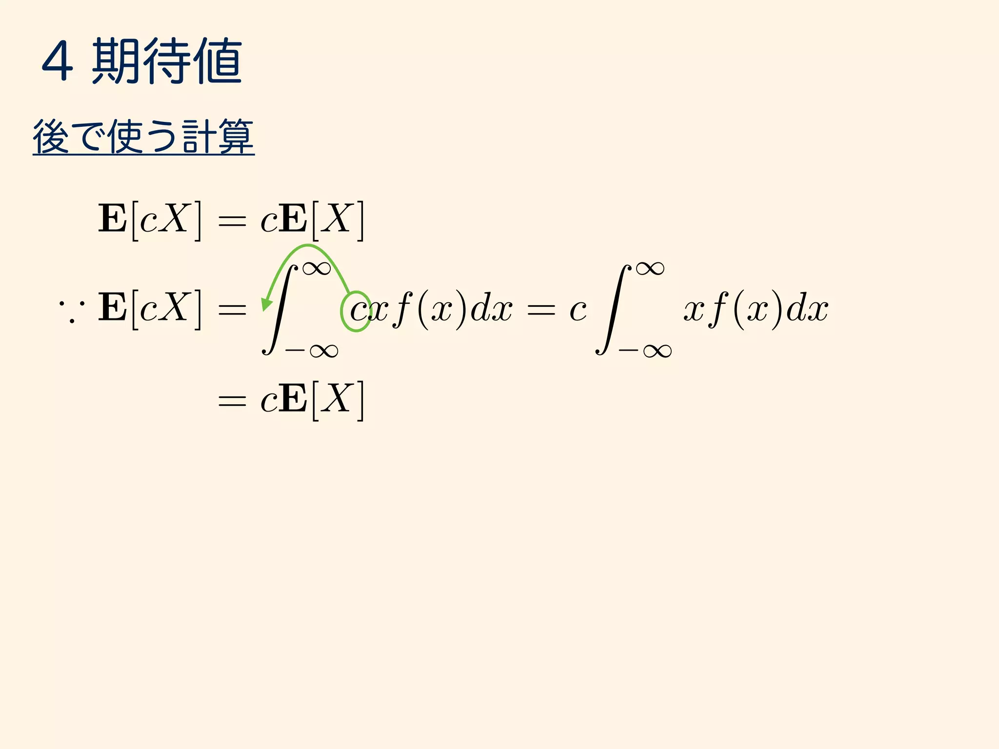E[cX] = cE[X]
* E[cX] =
Z 1
1
cxf(x)dx = c
Z 1
1
xf(x)dx
= cE[X]
 