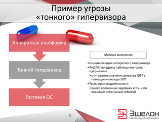 •Инициализация аппаратного гипервизора
•Red Pill: по адресу таблицы векторов
прерываний
•считывание значения регистра IDTR с
помощью команды SIDT
•Тесты производительности
•замер временных задержек в т.ч. и по
внешним источникам событий
Методы выявления
Пример угрозы
«тонкого» гипервизора
Гостевая ОС
Тонкий гипервизор
Аппаратная платформа
5
 