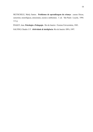 10



MUTSCHELE, Marly Santos. Problemas de aprendizagem da criança : causas físicas,
sensoriais, neurológicas, emocionais, sociais e ambientais. 3. ed. São Paulo : Loyola, 1994.
111 p.

PIAGET, Jean. Psicologia e Pedagogia. Rio de Janeiro : Forense Universitária, 1985.

SALTINI, Cláudio J. P. Afetividade & inteligência. Rio de Janeiro: DPA, 1997.
 