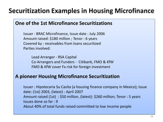 Securitization Examples in Housing Microfinance
  One of the 1st Microfinance Securitizations
     Issuer : BRAC Microfina...