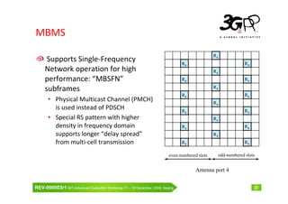 MBMS
                                                                                                R4
      Supports Single-Frequency                                                 R4                            R4
     Network operation for high                                                                 R4
     performance: “MBSFN”                                                       R4                            R4

     subframes                                                                                  R4
                                                                                R4                            R4
       • Physical Multicast Channel (PMCH)                                                      R4
         is used instead of PDSCH                                               R4                            R4
       • Special RS pattern with higher                                                         R4
         density in frequency domain                                            R4                            R4
         supports longer “delay spread”                                                         R4
         from multi-cell transmission                                           R4                            R4

                                                                          even-numbered slots    odd-numbered slots


                                                                                       Antenna port 4


REV-090003r1 IMT-Advanced Evaluation Workshop 17 – 18 December, 2009, Beijing                                      20
 