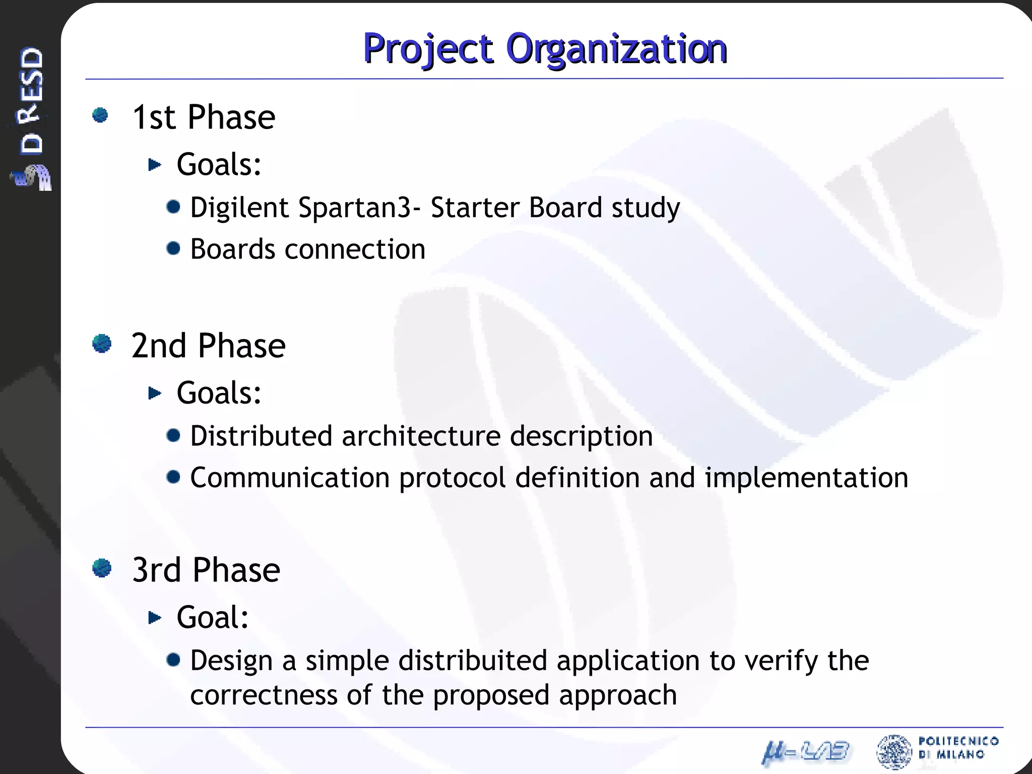 Project Organization 1st Phase Goals: Digilent Spartan3- Starter Board study Boards connection 2nd Phase Goals:  Distributed architecture description  Communication protocol definition and implementation 3rd Phase Goal:  Design a simple distribuited application to verify the correctness of the proposed approach 