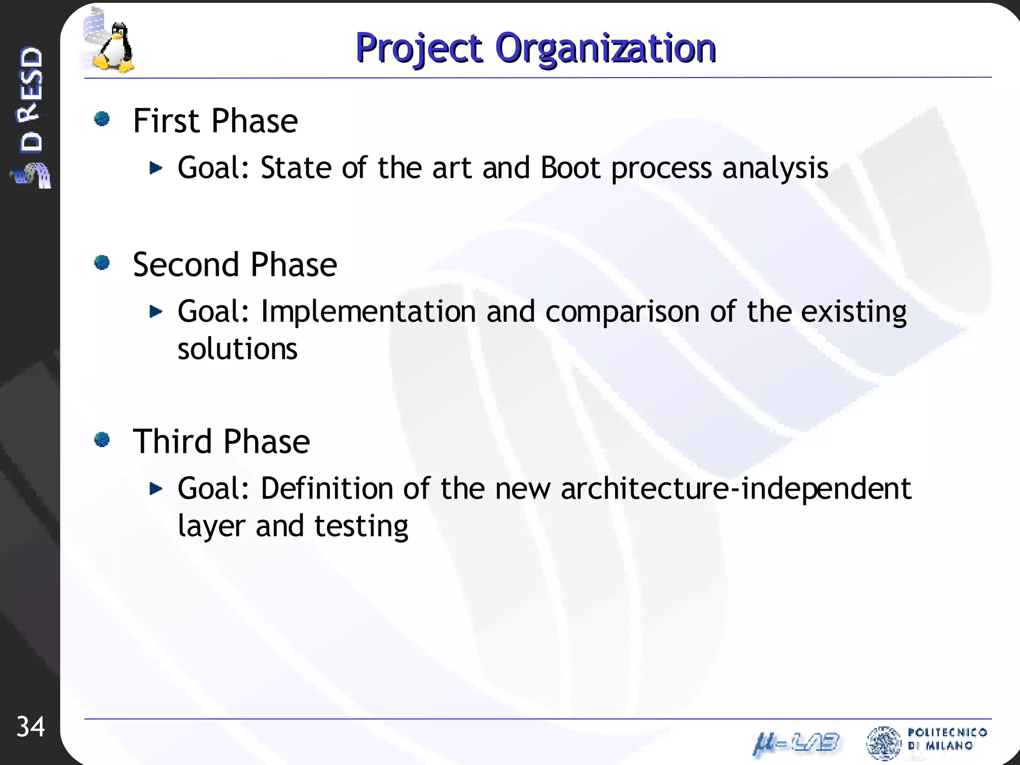 Project Organization First Phase Goal: State of the art and Boot process analysis Second Phase Goal: Implementation and comparison of the existing solutions Third Phase Goal: Definition of the new architecture-independent layer and testing 