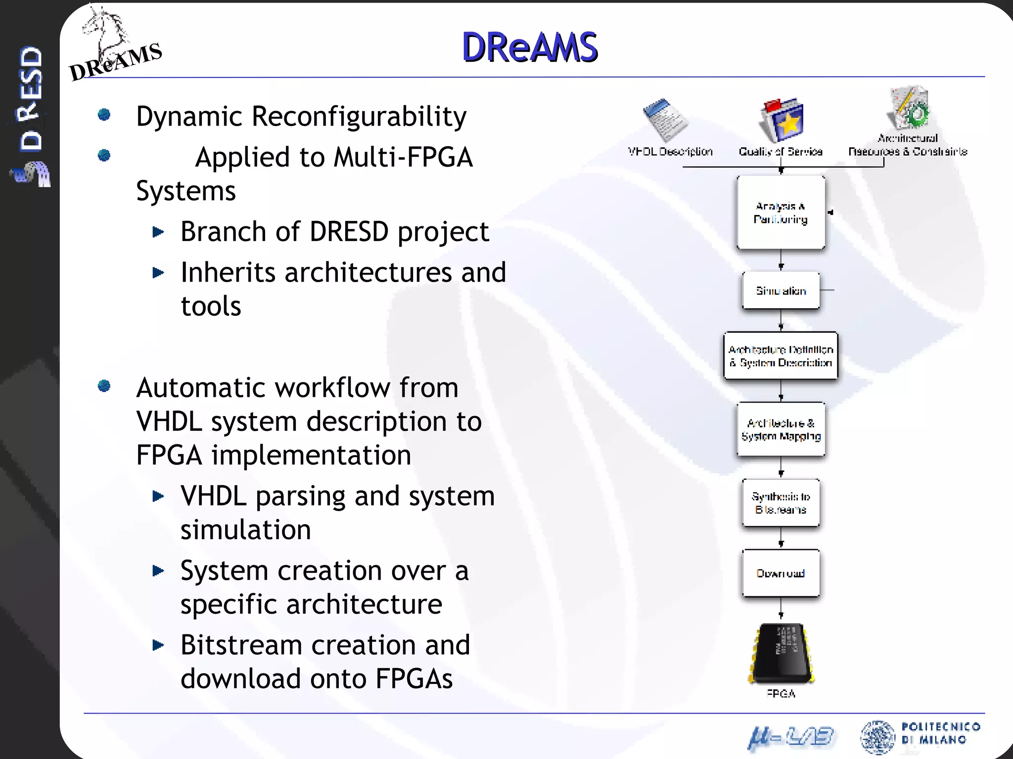 DReAMS Dynamic Reconfigurability Applied to Multi-FPGA Systems Branch of DRESD project Inherits architectures and tools Automatic workflow from VHDL system description to FPGA implementation VHDL parsing and system simulation System creation over a specific architecture Bitstream creation and download onto FPGAs 