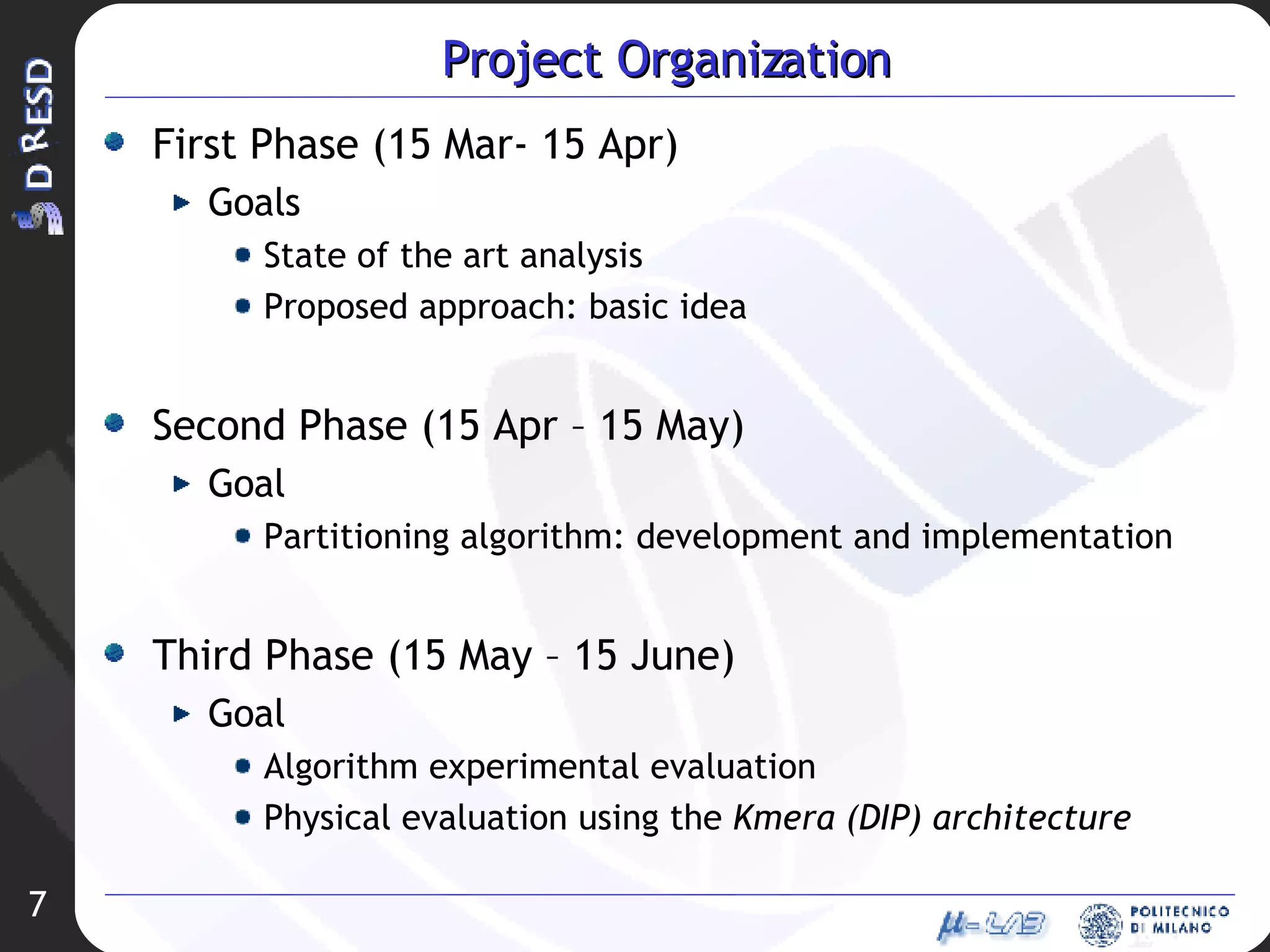 Project Organization First Phase (15 Mar- 15 Apr) Goals State of the art analysis Proposed approach: basic idea Second Phase (15 Apr – 15 May) Goal Partitioning algorithm: development and implementation  Third Phase (15 May – 15 June) Goal Algorithm experimental evaluation Physical evaluation using the  Kmera (DIP) architecture 