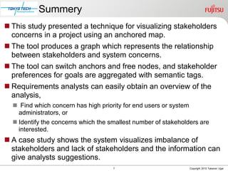Summery
 This study presented a technique for visualizing stakeholders
  concerns in a project using an anchored map.
 The tool produces a graph which represents the relationship
  between stakeholders and system concerns.
 The tool can switch anchors and free nodes, and stakeholder
  preferences for goals are aggregated with semantic tags.
 Requirements analysts can easily obtain an overview of the
  analysis,
   Find which concern has high priority for end users or system
    administrators, or
   Identify the concerns which the smallest number of stakeholders are
    interested.
 A case study shows the system visualizes imbalance of
  stakeholders and lack of stakeholders and the information can
  give analysts suggestions.
                                     7                          Copyright 2010 Takanori Ugai
 