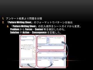 1. 󥱩`ȽYꆖ} 
2. Pattern Writing SheetΥե`ޥåȤǥѥ` 
a. Pattern Writing Sheetӛ򥷩`ȥɤ 
Problem Forces?Context ȤӑΤ 
Solution Action?Consequence ӛd 
 