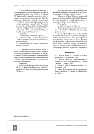 EXERCITO, ERGO SUM


         C – reprezintă comportamentul. Obiectivul va                M – reprezintă măsura (sau criteriul), aceasta
constata un comportament al elevului – rezultat al           specificînd standardul minim acceptat de performan-
procesului de învăţare – care trebuie să fie măsura-         ţă în termeni de calitate, cantitate şi timp.
bil. Dacă analizăm mai detaliat, atunci vom vedea că                 Măsura este şablonul după care se evaluează
modul comportamental se compune din două ele-                realizarea obiectivului. Ea poate fi stabilită din punct
mente: un verb de acţiune şi o referinţă la conţinut.        de vedere cantitativ şi vizează calitatea, viteza şi
     1.Verbul de acţiune specifică actul comporta-           acurateţea realizării unei performanţe.
     mental aşteptat din partea elevului. Taxonomia                  De exemplu:
     lui Bloom (vezi schema) oferă o listă detaliată a               La finele orei elevul va trebui să:
     verbelor, utilă pentru elaborarea obiectivelor.             – identifice cel puţin patru cauze ale revoluţiei
     2.Referinţa relevă un conţinut specific şi, de              din 1848, utilizînd notiţele pe care şi le-a luat pe
     regulă, este precedată de un verb.                          parcursul orei.
         De exemplu:                                                 În final, pornind de la modelul ACCM,
         La finele lecţiei elevul va fi capabil să:          prezentat mai sus, am vrea să punem accentul pe un
     – identifice cel puţin 4 cauze ale revoluţiei din       moment important, care ne poate ajuta în procesul
     1848, utilizînd notiţele pe care şi le-a luat pe        de elaborare a obiectivelor: de obicei, pentru a
     parcursul lecţiei;                                      specifica adecvat conţinutul unei ore de instruire e
     – rezolve independent 4 inecuaţii reductibile la        nevoie de 5–10 obiective. Desigur, acest enunţ se
     inecuaţii pătratice.                                    reduce la o simplificare, dar el oferă cel puţin o
                                                             viziune asupra procesului de elaborare a obiectivelor.
        C – reprezintă condiţiile situaţiei în care se
produce comportamentul aşteptat, acestea fiind nişte
                                                                                 BIBLIOGRAFIE
constrîngeri sau parametri ai procesului de învăţare
şi evaluare. În obiective sînt puse în evidenţă mate-           1. Crişan, A., Guţu, Vl., Dicţionar de termeni
rialele ce pot fi utilizate de elevi (de asemenea, cele         pedagogici; EDP, Bucureşti, 1998.
ce nu pot fi utilizate), condiţiile în care elevii îşi vor      2. Crişan, A., Guţu, Vl., Proiectarea curricu-
demonstra abilitatea etc.                                       lum-ului de bază. Ghid metodologic; Editura
        De exemplu:                                             “TipCim”, Cimişlia, 1997.
    – Avînd ca reper harta geopolitică a Europei,               3. Nicola, I., Tratat de pedagogie şcolară; EDP,
    elevii vor fi capabili să determine cel puţin 3             Bucureşti, 1998.
    avantaje şi 3 dezavantaje macroeconomice ale                4. Mager, Robert, Preparing Instructional Ob-
    Moldovei.                                                   jectives; Belmont, CA: David S. Lake Publish-
                                                                ers, 1984.




Taxonomia lui Bloom




                                                                  OPERAŢIONALIZAREA OBIECTIVELOR EDUCAŢIONALE

56
 