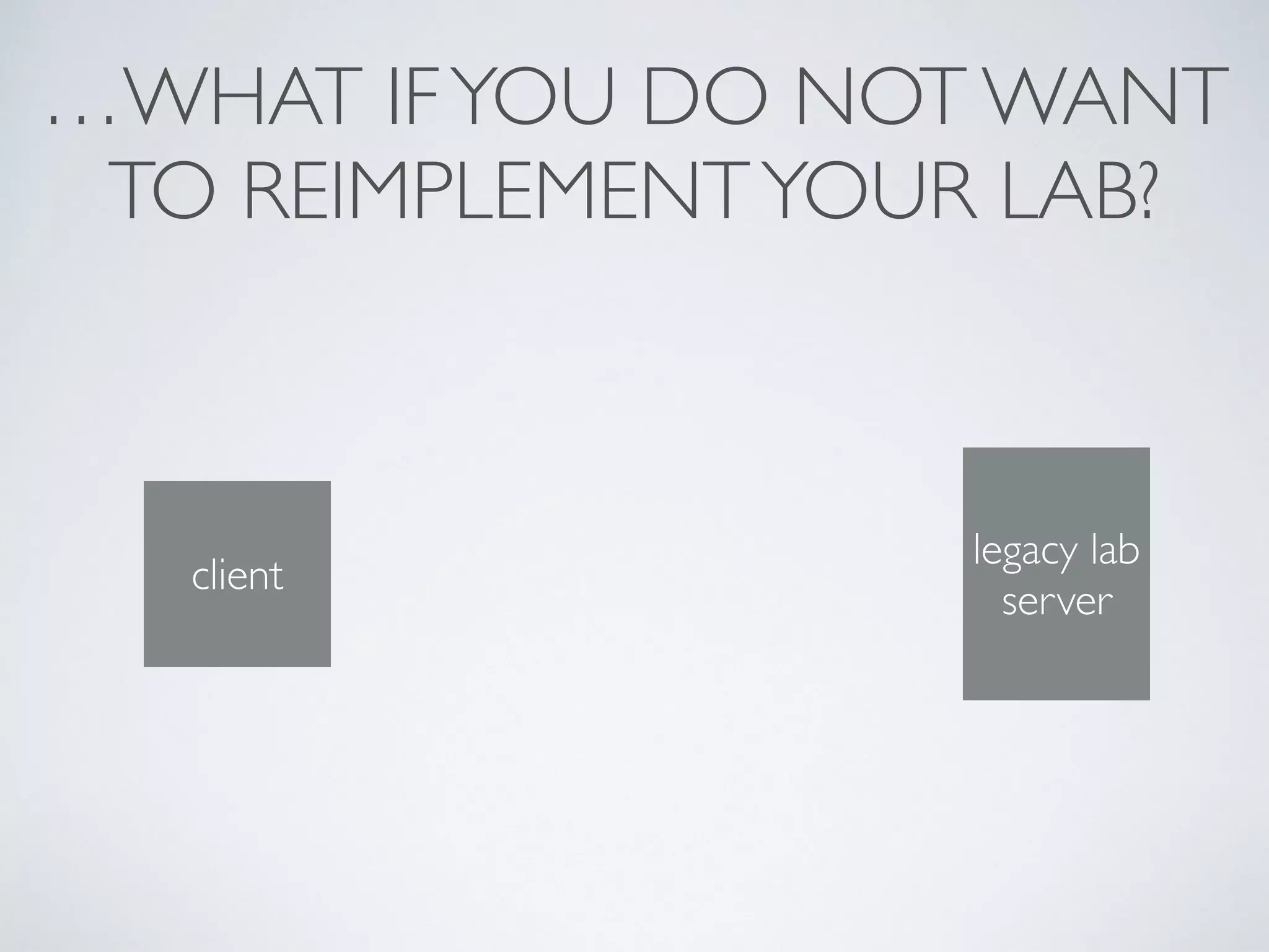 …WHAT IFYOU DO NOT WANT
TO REIMPLEMENTYOUR LAB?
client
legacy lab
server
 