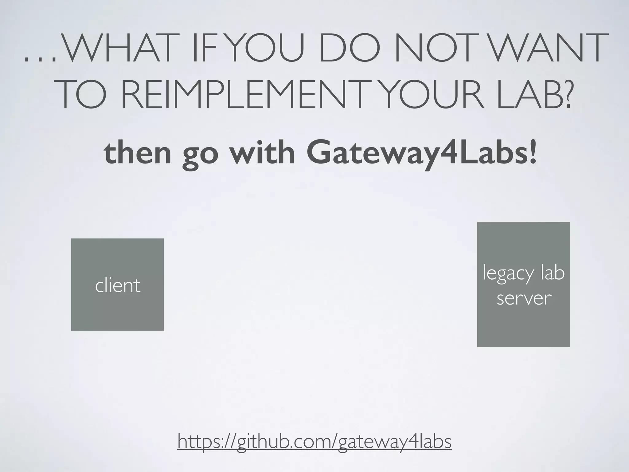 …WHAT IFYOU DO NOT WANT
TO REIMPLEMENTYOUR LAB?
then go with Gateway4Labs!
https://github.com/gateway4labs
client
legacy lab
server
 