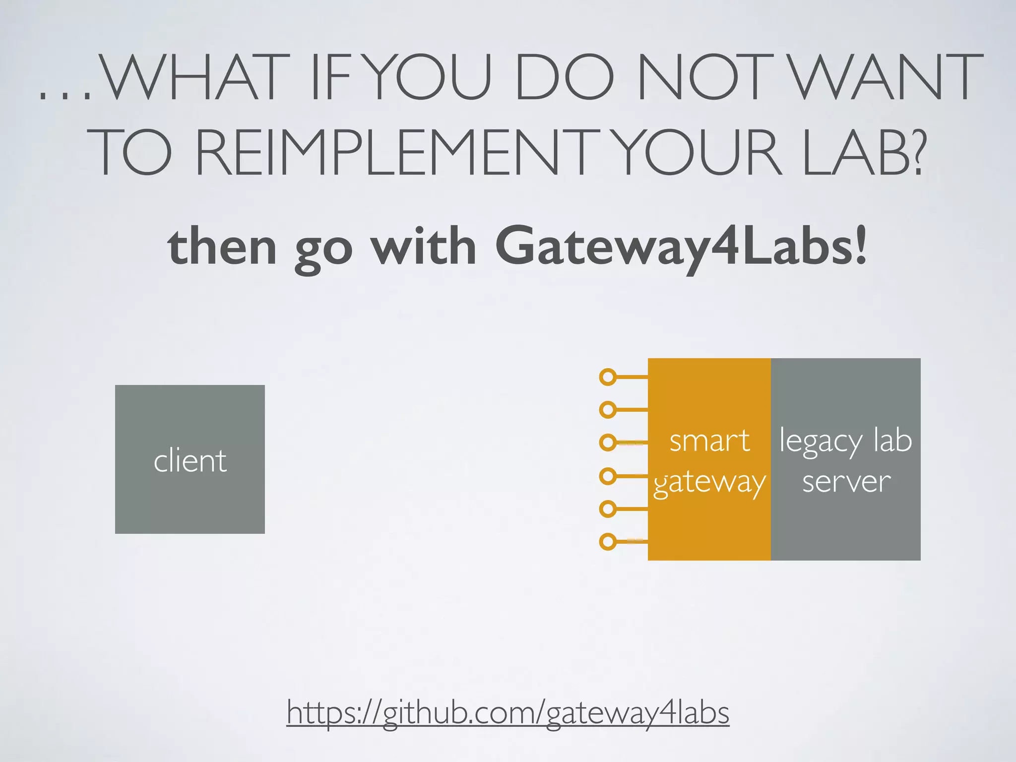 …WHAT IFYOU DO NOT WANT
TO REIMPLEMENTYOUR LAB?
then go with Gateway4Labs!
https://github.com/gateway4labs
client
legacy lab
server
smart
gateway
 