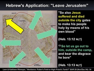 "So also Jesus
suffered and died
outside the city gates
to make his people
holy by means of his
own blood"
(Heb. 13:12 NLT)
Hebrew's Application: "Leave Jerusalem"
Leen & Kathleen Ritmeyer, "Akeldama: Potter's Field or High Priest's Tomb?" BAR 20 (Nov/Dec 94): 34
13 So let us go out to
him, outside the camp,
and bear the disgrace
he bore"
(Heb. 13:13 NLT)
 