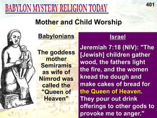 Israel
Jeremiah 7:18 (NIV): "The
[Jewish] children gather
wood, the fathers light
the fire, and the women
knead the dough and
make cakes of bread for
the Queen of Heaven.
They pour out drink
offerings to other gods to
provoke me to anger."
Mother and Child Worship
401
Babylonians
The goddess
mother
Semiramis
as wife of
Nimrod was
called the
"Queen of
Heaven"
 