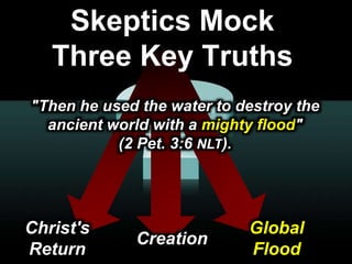 111111© 2003 Cisco Systems, Inc. All rights reserved.Presentation_ID
Skeptics Mock
Three Key Truths
"Then he used the water to destroy the
ancient world with a mighty flood"
(2 Pet. 3:6 NLT).
Global
Flood
Christ's
Return
Creation
 