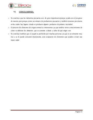 Página 11
VI. CONCLUSIONES.
o Se concluye que las industrias pecuarias son de gran importancia porque ayuda con el progreso
de nuestro país porque existe un número de productores pecuarios y también tenemos provincias
en las cuales hay lugares donde se producen algunos productos de primera necesidad.
o El proceso de alimentos de origen animal es interesantes ya que tendría varios conocimientos de
cómo se elaboran los alimentos que se consume a diario y saber de qué origen son.
o Se concluye también que el yogurt es preferido por muchas personas ya que es un alimento muy
rico y se lo puede consumir diariamente, está compuesto de elementos que ayudan a tener una
mejor salud.
 