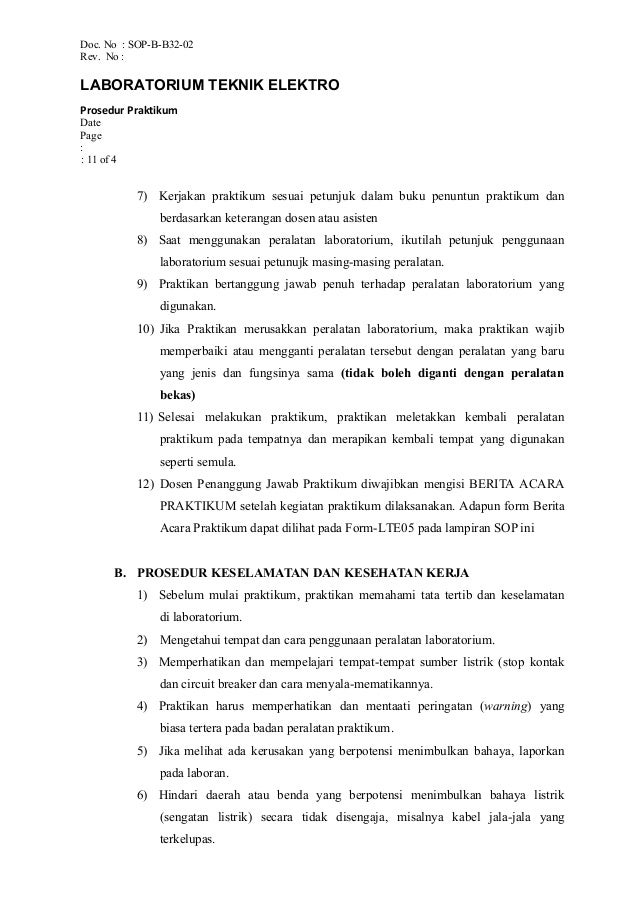 Standar Operasional Prosedur Laboratorium Bengkel Workshop Teknik Ele