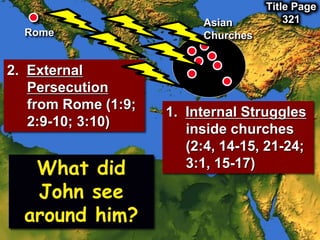 What did
John see
around him?
Asian
Churches
1. Internal Struggles
inside churches
(2:4, 14-15, 21-24;
3:1, 15-17)
Rome
2. External
Persecution
from Rome (1:9;
2:9-10; 3:10)
Title Page
321
 