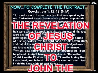 MATTHEW MARK
LUKE JOHN
28 9
13
and among the lamp stands was someone "like a son
of man," dressed in a robe reaching down to his feet
and with a golden sash around his chest. 14
His head and
hair were white like wool, as white as snow, and his eyes
were like blazing fire. 15
His feet were like bronze
glowing in a furnace, and his voice was like the sound
of rushing waters.
18
I am the Living One;
I was dead, and behold I am alive for ever and ever! And
I hold the keys of death and Hades."
17
When I saw him, I fell at his feet as though dead. Then
he placed his right hand on me and said: "Do not be
afraid. I am the First and the Last.
1 16
In his right hand he held seven stars,
and out of his mouth came a sharp double-edged sword.
His face was like the sun shining in all its brilliance.
Revelation 1:12-18 (NIV)
12
I turned around to see the voice that was speaking to
me. And when I turned I saw seven golden lamp stands,
THE REVELATION
OF JESUS
CHRIST
TO
JOHN THE
NOW…TO COMPLETE THE PORTRAIT…
343
 