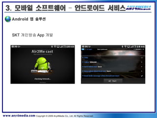 3. 모바일 소프트웨어 – 안드로이드 서비스
       Android 앱 솔루션



       SKT 개인방송 App 개발




www.any4media.com Copyright © 2009 Any4Media Co., Ltd. All Rights Reserved.
 