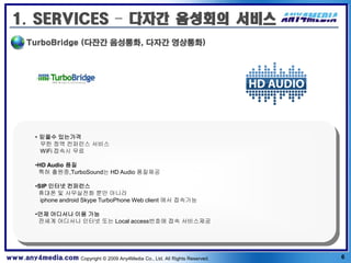 1. SERVICES – 다자간 음성회의 서비스
       TurboBridge (다잔간 음성통화, 다자간 영상통화)




          • 믿을수 있는가격
            무한 정액 컨퍼런스 서비스
            WiFi 접속시 무료

          •HD Audio 품질
           특허 출원중,TurboSound는 HD Audio 품질제공

          •SIP 인터넷 컨퍼런스
           휴대폰 및 사무실전화 뿐만 아니라
            iphone android Skype TurboPhone Web client 에서 접속가능

          •언제 어디서나 이용 가능
           전세계 어디서나 인터넷 또는 Local access번호에 접속 서비스제공




www.any4media.com Copyright © 2009 Any4Media Co., Ltd. All Rights Reserved.   6
 