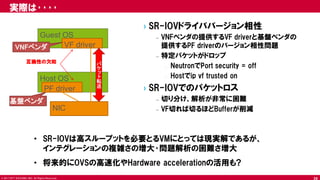 © 2017 NTT DOCOMO, INC. All Rights Reserved.
実際は････
› SR-IOVドライババージョン相性
– VNFベンダの提供するVF driverと基盤ベンダの
提供するPF driverのバージョン相性問題
– 特定パケットがドロップ
› NeutronでPort security = off
› Hostでip vf trusted on
› SR-IOVでのパケットロス
– 切り分け、解析が非常に困難
– VF切れば切るほどBufferが削減
Guest OS
Host OS
PF driver
VF driver
NIC
互換性の欠如
• SR-IOVは高スループットを必要とるVMにとっては現実解であるが、
インテグレーションの複雑さの増大･問題解析の困難さ増大
• 将来的にOVSの高速化やHardware accelerationの活用も?
VNFベンダ
基盤ベンダ
パ
ケ
ッ
ト
転
送
28
 