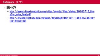© 2017 NTT DOCOMO, INC. All Rights Reserved.
Reference (2/2)
•SR-IOV
– http://events.linuxfoundation.org/sites/events/files/slides/20160715_Linu
xCon_sriov_final.pdf
– http://citeseerx.ist.psu.edu/viewdoc/download?doi=10.1.1.456.8534&rep=
rep1&type=pdf
47
 