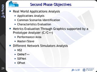 Second Phase Objectives Real World Applications Analysis Applications Analysis Common Scenarios Identification Characteristics Evaluation Metrics Evaluation Through Graphics supported by a Prototype Analyzer (C/C++) Performance/Area Master/Slave Different Network Simulators Analysis NS2 OMNeT++ SSFNet OPnet 