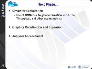 Next Phase... Simulator Exploitation Use of  OMNeT++  to gain information w.r.t. the Throughput and other useful metrics Graphics Redefinition and Expansion Analyzer Improvement 