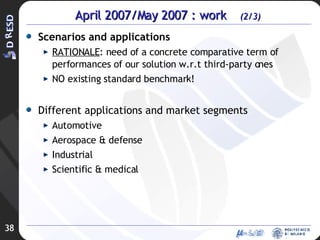 April 2007/May 2007 : work  (2/3) Scenarios and applications RATIONALE : need of a concrete comparative term of performances of our solution w.r.t third-party ones NO existing standard benchmark! Different applications and market segments Automotive Aerospace & defense Industrial Scientific & medical 