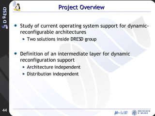 Project Overview Study of current operating system support for dynamic-reconfigurable architectures Two solutions inside DRESD group Definition of an intermediate layer for dynamic reconfiguration support Architecture independent Distribution independent 
