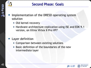 Second Phase: Goals Implementation of the DRESD operating system solution Old kernel recovery  Hardware architecture replication using ISE and EDK 9.1 version, on Xilinx Virtex II Pro VP7 Layer definition Comparison between existing solutions Basic definition of the boundaries of the new intermediate layer 