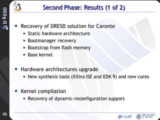 Second Phase: Results (1 of 2) Recovery of DRESD solution for Caronte Static hardware architecture Bootmanager recovery Bootstrap from flash memory Base kernel Hardware architectures upgrade New synthesis tools (Xilinx ISE and EDK 9) and new cores Kernel compilation Recovery of dynamic-reconfiguration support 