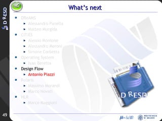 What’s next DReAMS Alessandro Panella Matteo Murgida CITiES Alessio Montone Alessandro Meroni Simone Corbetta Operating System Ivan Beretta Design Flow Antonio Piazzi Polaris Massimo Morandi Marco Novati HLR Marco Maggioni 