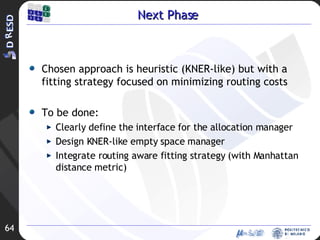Next Phase Chosen approach is heuristic (KNER-like) but with a fitting strategy focused on minimizing routing costs To be done: Clearly define the interface for the allocation manager Design KNER-like empty space manager Integrate routing aware fitting strategy (with Manhattan distance metric) 