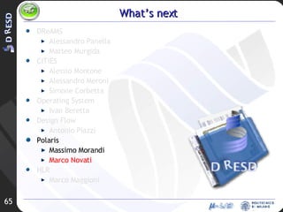 What’s next DReAMS Alessandro Panella Matteo Murgida CITiES Alessio Montone Alessandro Meroni Simone Corbetta Operating System Ivan Beretta Design Flow Antonio Piazzi Polaris Massimo Morandi Marco Novati HLR Marco Maggioni 
