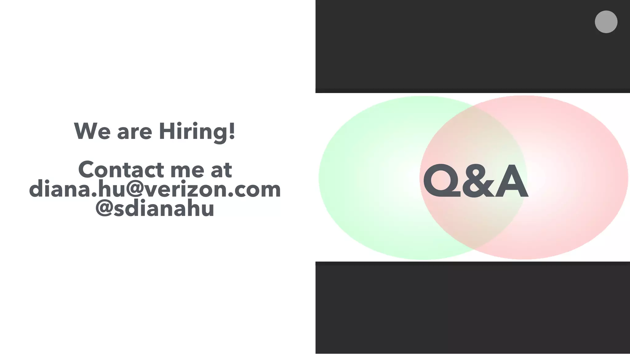 We are Hiring!
Contact me at
diana.hu@verizon.com
@sdianahu
Q&A
 