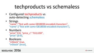 techproducts vs schemaless
• Configured techproducts vs
auto-detecting schemaless
• Strings
"name":"Test with some GB18030 encoded characters",
"name":["Test with some GB18030 encoded characters"],
• Numbers
"price":0.0, "price_c":"0.0,USD",
"price":[0.0],
• Booleans
"inStock":true,
"inStock":[true],
 