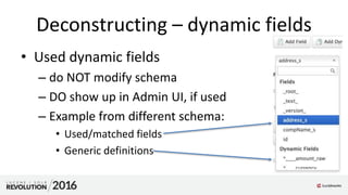 Deconstructing – dynamic fields
• Used dynamic fields
– do NOT modify schema
– DO show up in Admin UI, if used
– Example from different schema:
• Used/matched fields
• Generic definitions
 