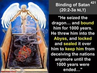 Binding of Satan
(20:2-3a NLT)
Used with permission
"He seized the
dragon… and bound
him for 1000 years.
He threw him into the
Abyss, and locked
and sealed it over
him to keep him from
deceiving the nations
anymore until the
1000 years were
ended…"
421
 