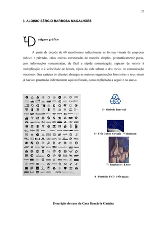 22


3. ALOISIO SÉRGIO BARBOSA MAGALHÃES




           esigner gráfico



       A partir da década de 60 transformou radicalmente as formas visuais de empresas
público e privadas, criou marcas estruturadas de maneira simples, geometricamente puras,
com informações concentradas, de fácil e rápida comunicação, capazes de resistir à
multiplicação e à velocidade de leitura, típica da vida urbana e dos meios de comunicação
modernos. Sua carteira de clientes abrangia as maiores organizações brasileiras e seus sinais
já haviam penetrado indiretamente aqui no Estado, como explicitado a seguir e no anexo.




                                                             5 - Símbolo Banrisul




                                                      6 - Três Cubos Virtuais - Weissmann




                                                                 7 - Bacchante - Lhote



                                                       8 - Portfolio PVDI 1976 (capa)




                       Descrição do caso da Casa Bancária Gaúcha
 