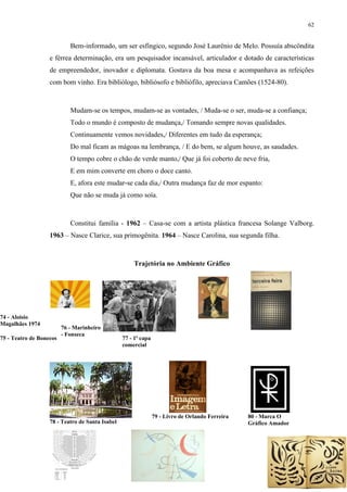 62


                            Bem-informado, um ser esfíngico, segundo José Laurênio de Melo. Possuía abscôndita
                   e férrea determinação, era um pesquisador incansável, articulador e dotado de características
                   de empreendedor, inovador e diplomata. Gostava da boa mesa e acompanhava as refeições
                   com bom vinho. Era bibliólogo, bibliósofo e bibliófilo, apreciava Camões (1524-80).



                            Mudam-se os tempos, mudam-se as vontades, / Muda-se o ser, muda-se a confiança;
                            Todo o mundo é composto de mudança,/ Tomando sempre novas qualidades.
                            Continuamente vemos novidades,/ Diferentes em tudo da esperança;
                            Do mal ficam as mágoas na lembrança, / E do bem, se algum houve, as saudades.
                            O tempo cobre o chão de verde manto,/ Que já foi coberto de neve fria,
                            E em mim converte em choro o doce canto.
                            E, afora este mudar-se cada dia,/ Outra mudança faz de mor espanto:
                            Que não se muda já como soía.



                            Constitui família - 1962 – Casa-se com a artista plástica francesa Solange Valborg.
                   1963 – Nasce Clarice, sua primogênita. 1964 – Nasce Carolina, sua segunda filha.



                                                     Trajetória no Ambiente Gráfico




74 - Aloisio
Magalhães 1974
                         76 - Marinheiro
                         - Fonseca
75 - Teatro de Bonecos                           77 - 1ª capa
                                                 comercial




                                                                79 - Livro de Orlando Ferreira   80 - Marca O
                   78 - Teatro de Santa Isabel                                                   Gráfico Amador
 
