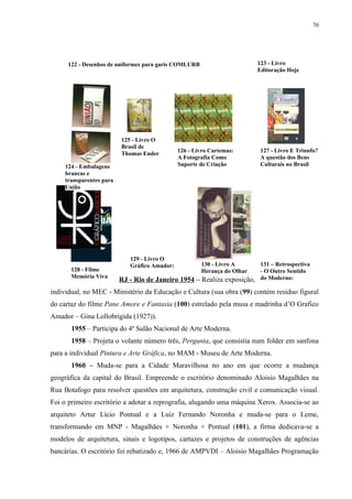 70




      122 - Desenhos de uniformes para garis COMLURB                      123 - Livro
                                                                          Editoração Hoje




                          125 - Livro O
                          Brasil de
                                               126 - Livro Cartemas:       127 - Livro E Triunfo?
                          Thomas Ender
                                               A Fotografia Como           A questão dos Bens
     124 - Embalagens                          Suporte de Criação          Culturais no Brasil
     brancas e
     transparentes para
     União




                             129 - Livro O
                             Gráfico Amador:           130 - Livro A    131 – Retrospectiva
       128 - Filme                                     Herança do Olhar - O Outro Sentido
       Memória Viva
                          RJ - Rio de Janeiro 1954 – Realiza exposição, do Moderno:
individual, no MEC - Ministério da Educação e Cultura (sua obra (99) contém resíduo figural
do cartaz do filme Pane Amore e Fantasia (100) estrelado pela musa e madrinha d’O Grafico
Amador – Gina Lollobrigida (1927)).
       1955 – Participa do 4º Salão Nacional de Arte Moderna.
       1958 – Projeta o volante número três, Pergunta, que consistia num folder em sanfona
para a individual Pintura e Arte Gráfica, no MAM - Museu de Arte Moderna.
       1960 – Muda-se para a Cidade Maravilhosa no ano em que ocorre a mudança
geográfica da capital do Brasil. Empreende o escritório denominado Aloisio Magalhães na
Rua Botafogo para resolver questões em arquitetura, construção civil e comunicação visual.
Foi o primeiro escritório a adotar a reprografia, alugando uma máquina Xerox. Associa-se ao
arquiteto Artur Lício Pontual e a Luiz Fernando Noronha e muda-se para o Leme,
transformando em MNP - Magalhães + Noronha + Pontual (101), a firma dedicava-se a
modelos de arquitetura, sinais e logotipos, cartazes e projetos de construções de agências
bancárias. O escritório foi rebatizado e, 1966 de AMPVDI – Aloisio Magalhães Programação
 