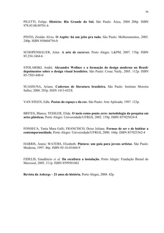 86


PILETTI, Felipe. História: Rio Grande do Sul. São Paulo: Ática, 2004 208p. ISBN
978.85.08.09701-6


PINTO, Ziraldo Alves. O Aspite: há um jeito pra tudo. São Paulo: Melhoramentos, 2005.
240p. ISBN 850604756-0


SCHOPENHAUER, Artur. A arte de escrever. Porto Alegre: L&PM, 2007. 176p. ISBN
85.254.1464-6


STOLARSKI, André. Alexandre Wollner e a formação do design moderno no Brasil:
depoimentos sobre o design visual brasileiro. São Paulo: Cosac Naify, 2005. 112p. ISBN
85-7503-448-0


SUASSUNA, Ariano. Cadernos de literatura brasileira. São Paulo: Instituto Moreira
Salles; 2000. 203p. ISSN 1413-652X


VAN STEEN, Edla. Poetas do espaço e da cor. São Paulo: Arte Aplicada; 1997. 123p.


BRITES, Blanca; TESSLER, Elida. O meio como ponto zero: metodologia da pesquisa em
artes plásticas. Porto Alegre: Universidade/UFRGS, 2002. 159p. ISBN 857025624-8


FONSECA, Tania Mara Galli; FRANCISCO, Deise Juliana. Formas de ser e de habitar a
contemporaneidade. Porto Alegre: Universidade/UFRGS, 2000. 166p. ISBN 857025562-4


HARRIS, Annie; WATERS, Elizabeth. Pintura: um guia para jovens artistas. São Paulo:
Moderna, 1997. 46p. ISBN 85-16-01660-9


FIDELIS, Gaudêncio et al. Da escultura a instalação. Porto Alegre: Fundação Bienal do
Mercosul, 2005. 311p. ISBN 8599501062


Revista da Asbergs – 21 anos de história. Porto Alegre, 2008. 42p.
 